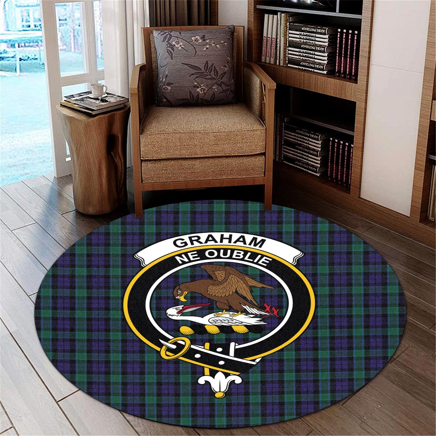 graham-of-menteith-tartan-round-rug-with-family-crest