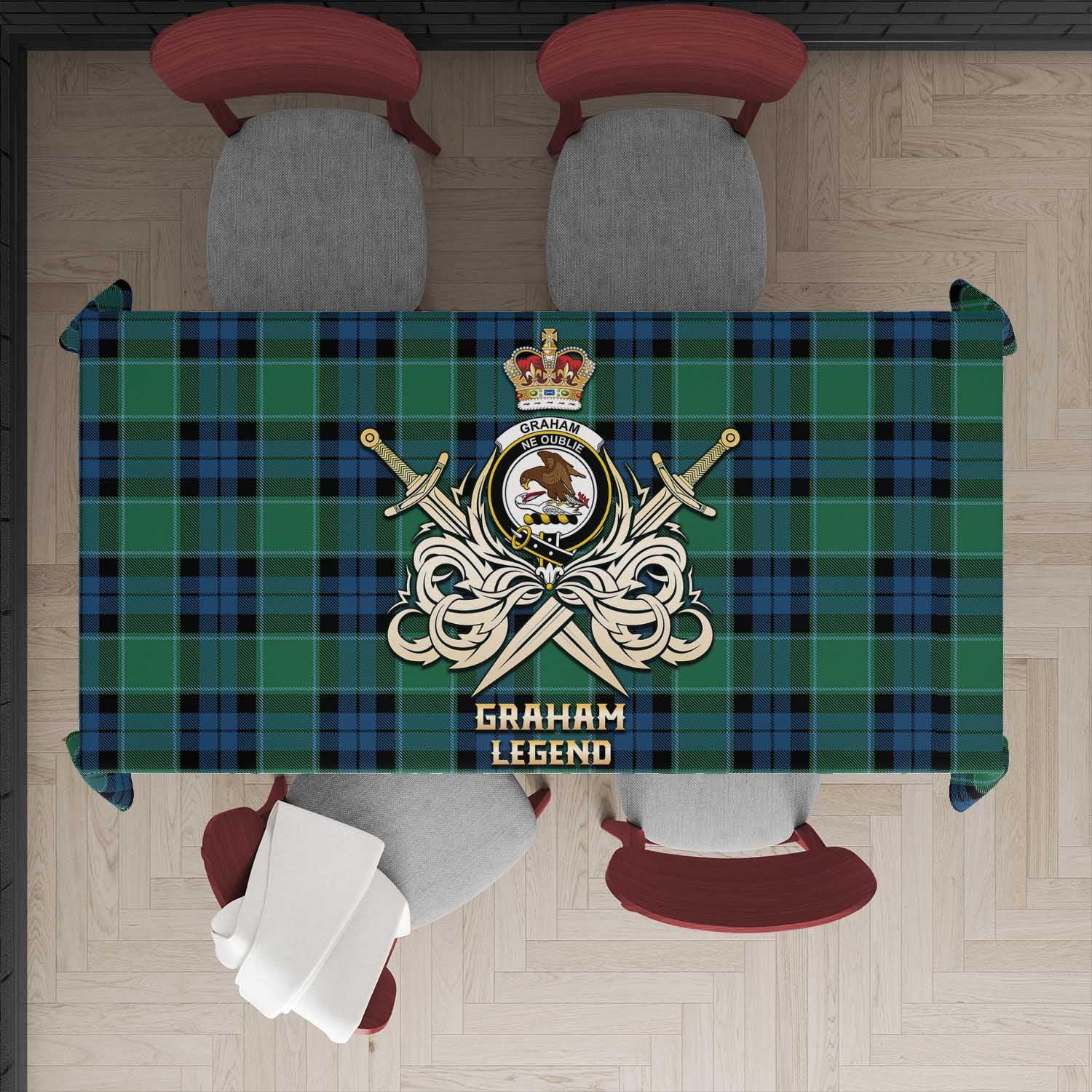 Tartan Vibes Clothing Graham of Menteith Ancient Tartan Tablecloth with Clan Crest and the Golden Sword of Courageous Legacy