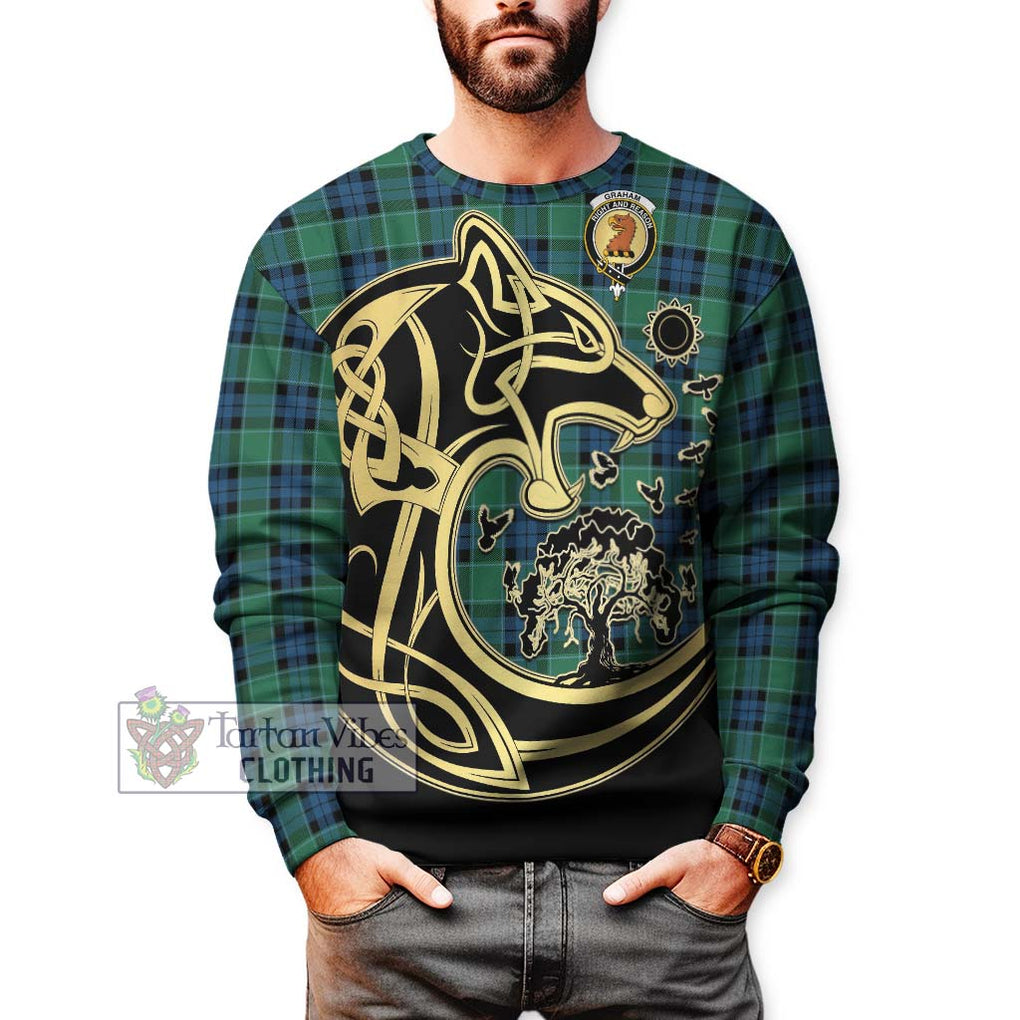 Graham of Menteith Ancient Tartan Sweatshirt with Family Crest Celtic Wolf Style Unisex - Tartan Vibes Clothing