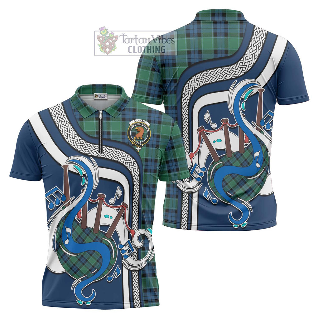 Graham of Menteith Ancient Tartan Zipper Polo Shirt with Epic Bagpipe Style Unisex - Tartanvibesclothing Shop