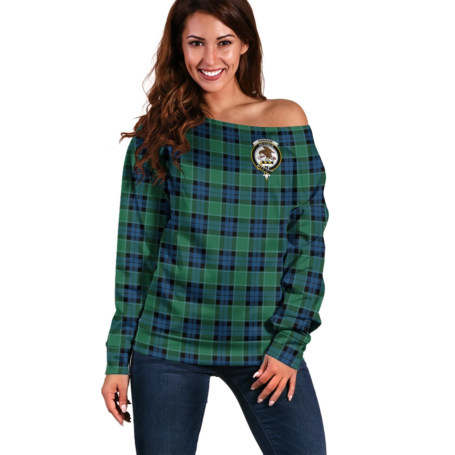 Graham of Menteith Ancient Tartan Off Shoulder Women Sweater with Family Crest Women - Tartanvibesclothing