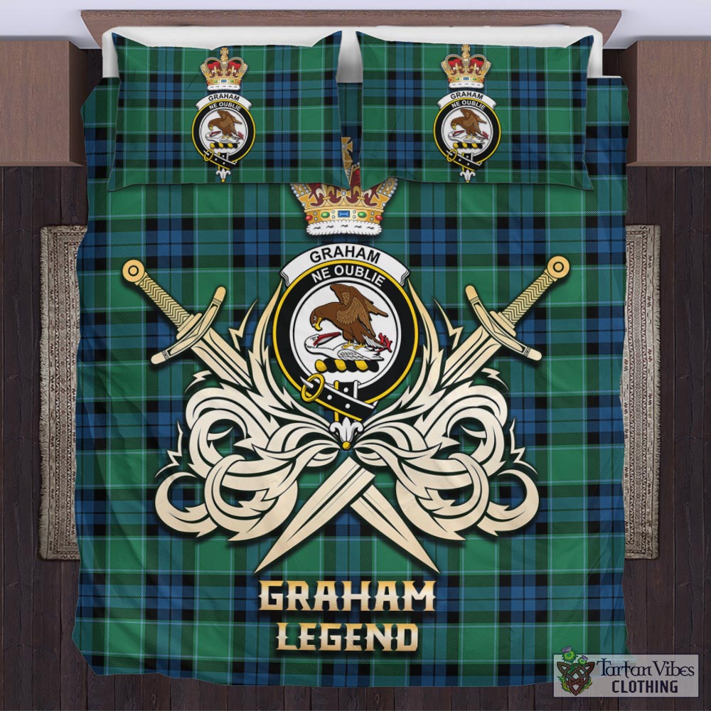 Tartan Vibes Clothing Graham of Menteith Ancient Tartan Bedding Set with Clan Crest and the Golden Sword of Courageous Legacy