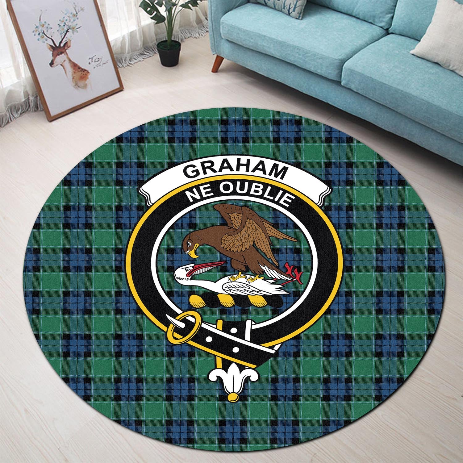 graham-of-menteith-ancient-tartan-round-rug-with-family-crest