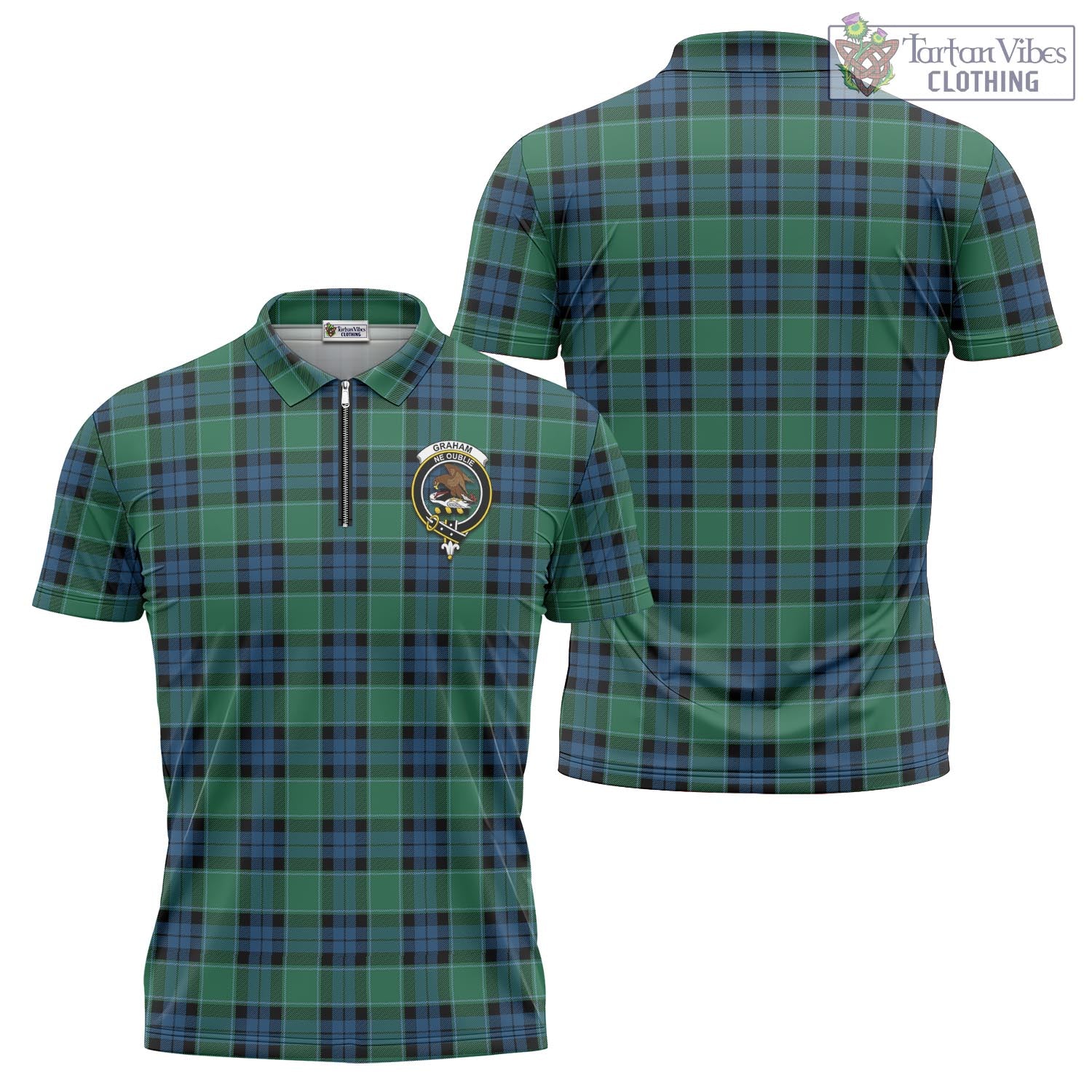 Tartan Vibes Clothing Graham of Menteith Ancient Tartan Zipper Polo Shirt with Family Crest