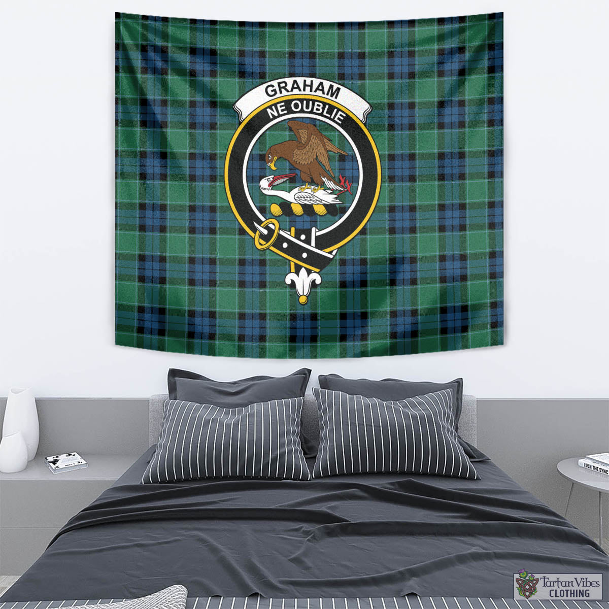 Tartan Vibes Clothing Graham of Menteith Ancient Tartan Tapestry Wall Hanging and Home Decor for Room with Family Crest