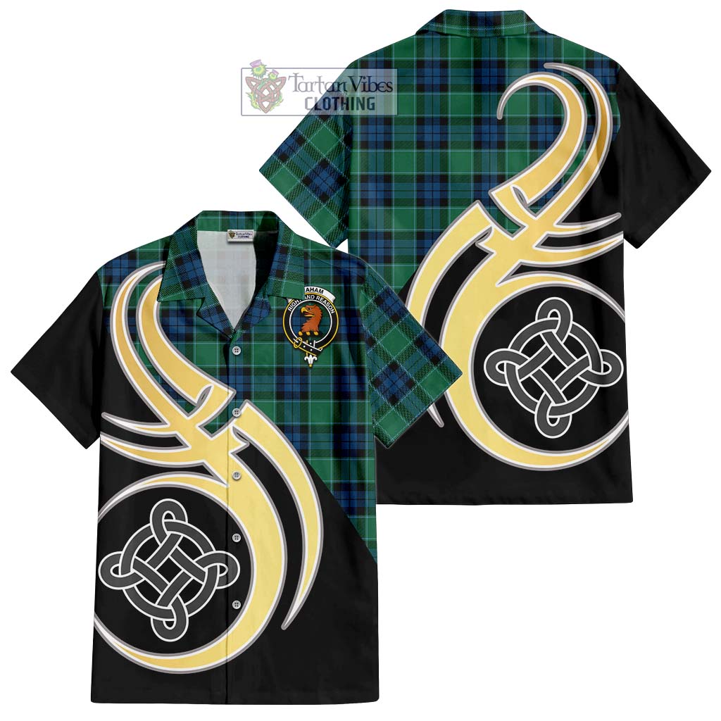 Graham of Menteith Ancient Tartan Short Sleeve Button Shirt with Family Crest and Celtic Symbol Style - Tartan Vibes Clothing