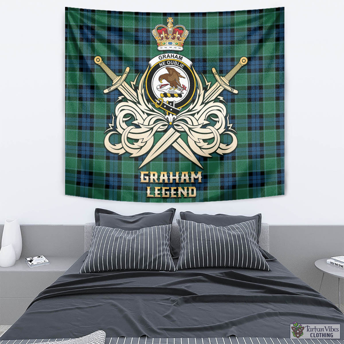 Tartan Vibes Clothing Graham of Menteith Ancient Tartan Tapestry with Clan Crest and the Golden Sword of Courageous Legacy