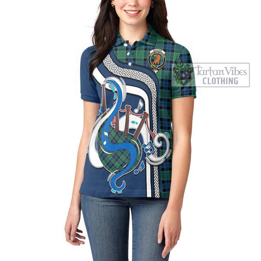 Graham of Menteith Ancient Tartan Women's Polo Shirt with Epic Bagpipe Style - Tartanvibesclothing Shop