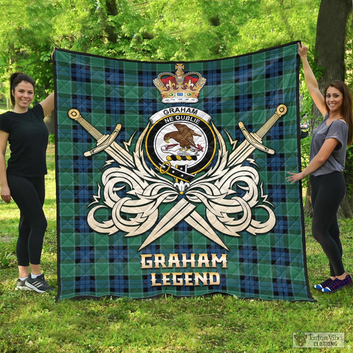 Tartan Vibes Clothing Graham of Menteith Ancient Tartan Quilt with Clan Crest and the Golden Sword of Courageous Legacy