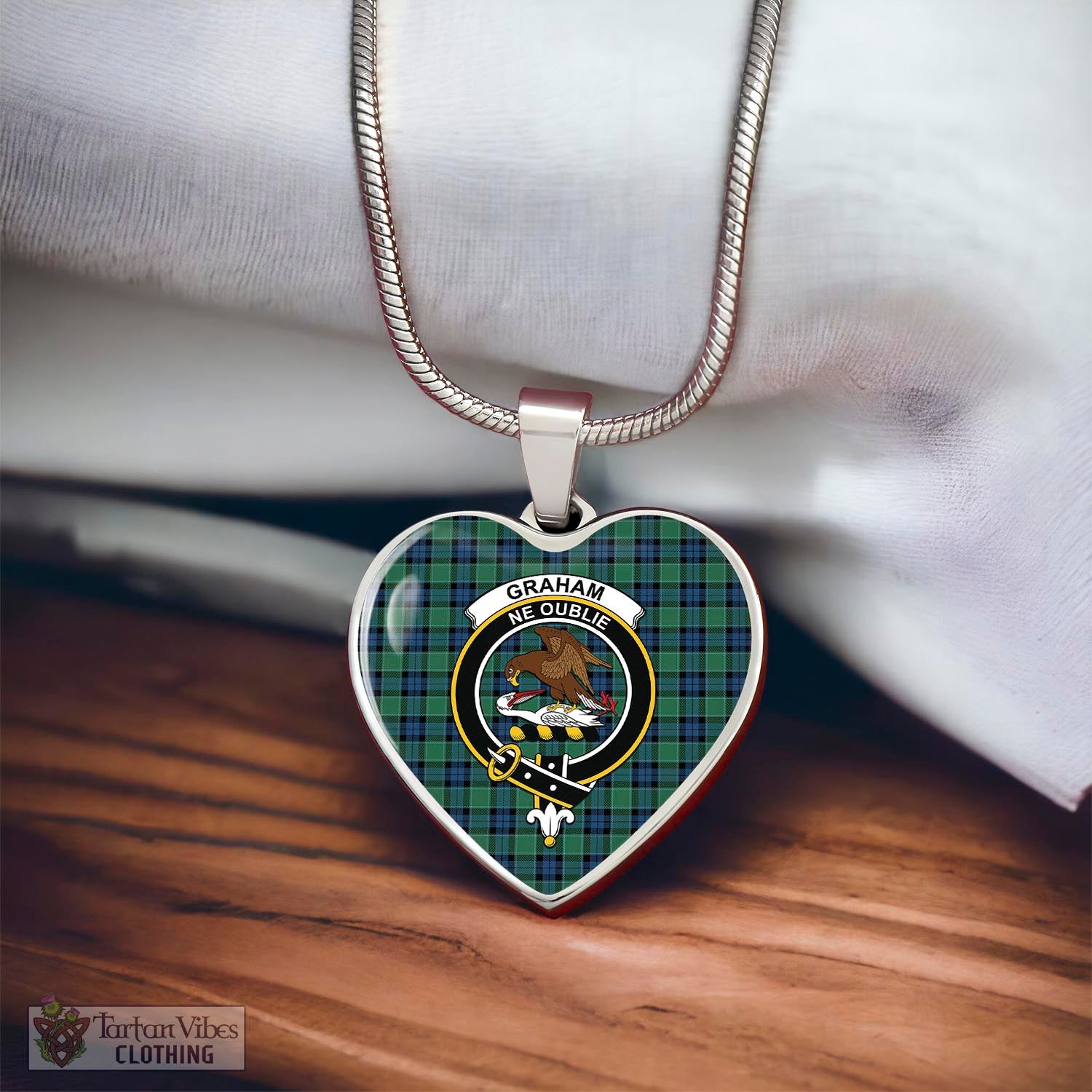 Tartan Vibes Clothing Graham of Menteith Ancient Tartan Heart Necklace with Family Crest