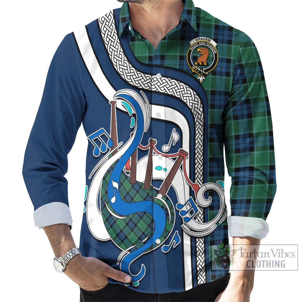 Graham of Menteith Ancient Tartan Long Sleeve Button Shirt with Epic Bagpipe Style - Tartanvibesclothing Shop