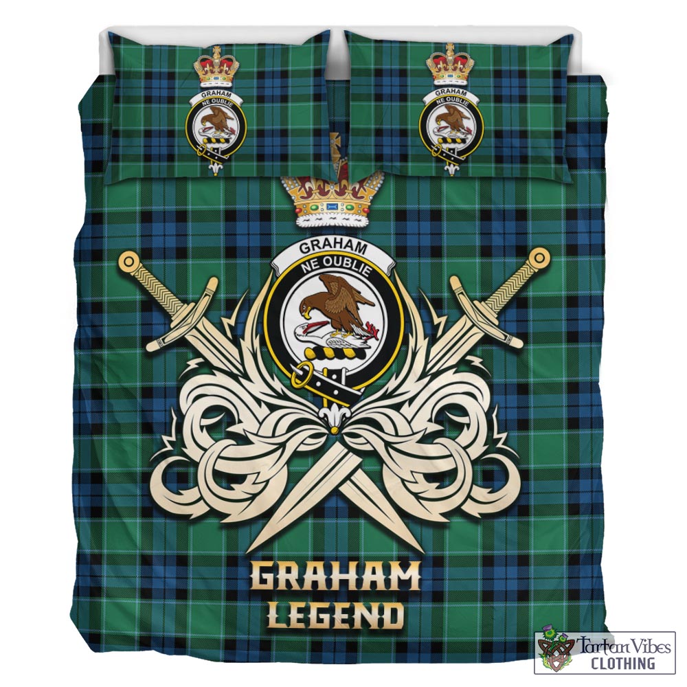 Tartan Vibes Clothing Graham of Menteith Ancient Tartan Bedding Set with Clan Crest and the Golden Sword of Courageous Legacy