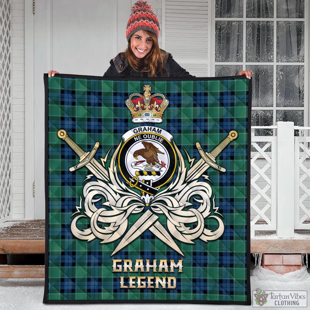 Tartan Vibes Clothing Graham of Menteith Ancient Tartan Quilt with Clan Crest and the Golden Sword of Courageous Legacy