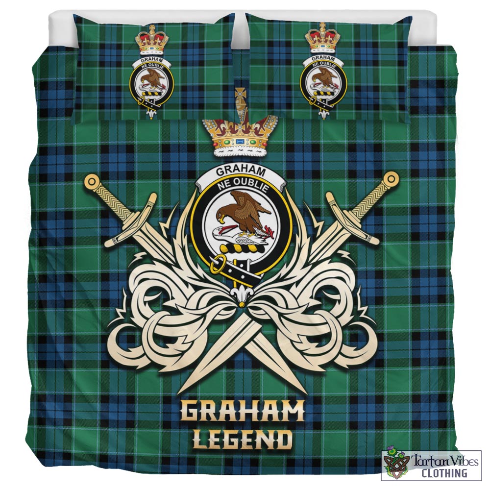 Tartan Vibes Clothing Graham of Menteith Ancient Tartan Bedding Set with Clan Crest and the Golden Sword of Courageous Legacy