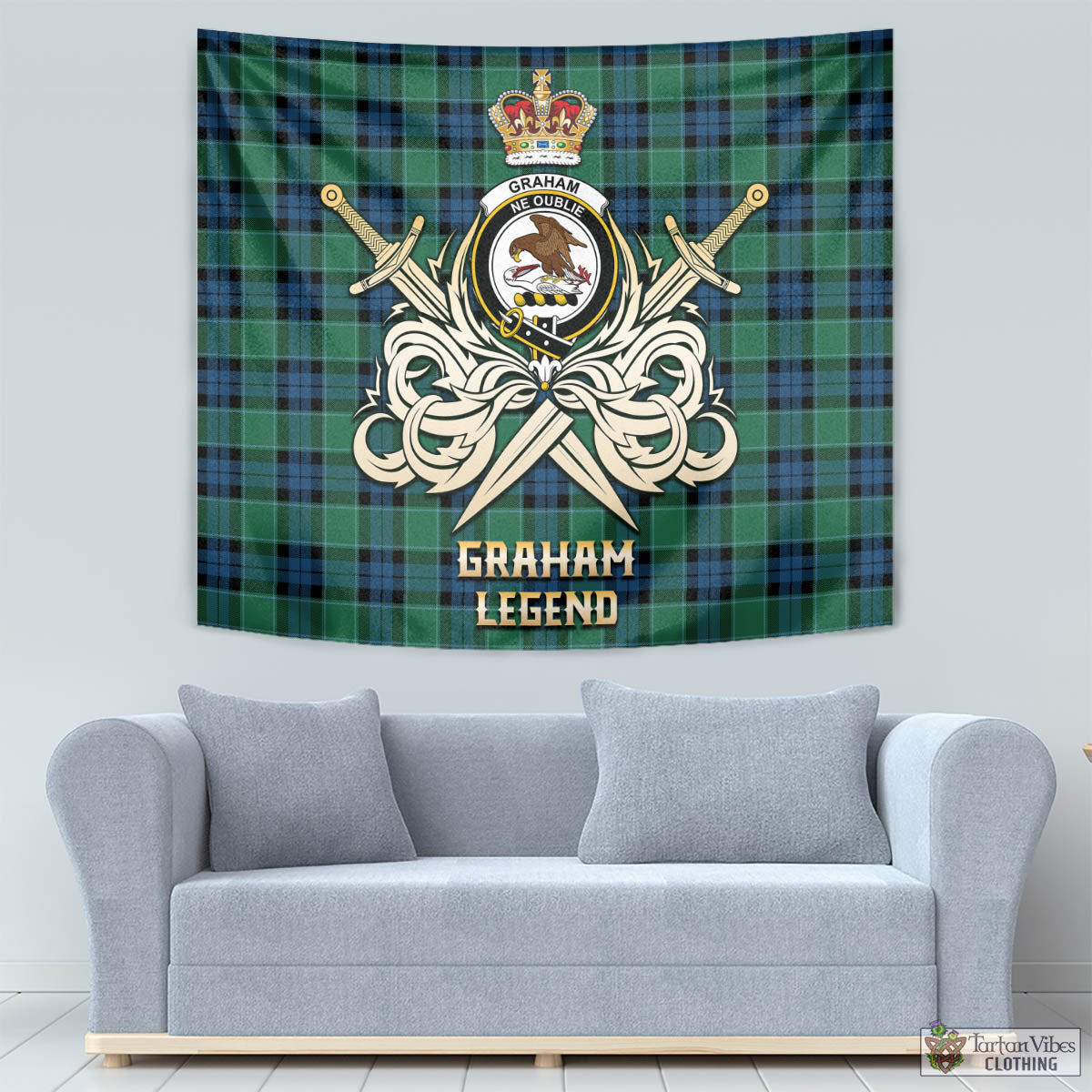 Tartan Vibes Clothing Graham of Menteith Ancient Tartan Tapestry with Clan Crest and the Golden Sword of Courageous Legacy