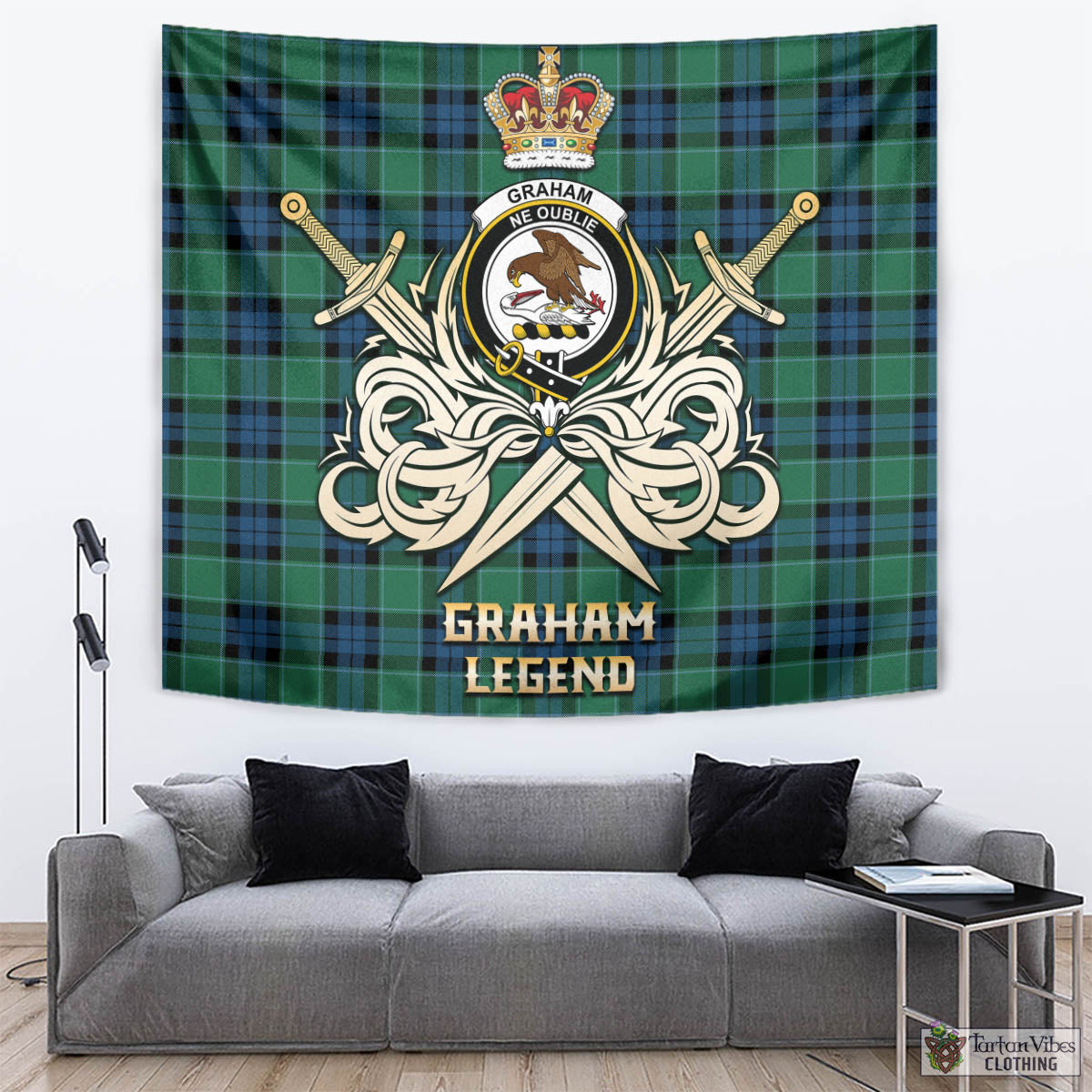 Tartan Vibes Clothing Graham of Menteith Ancient Tartan Tapestry with Clan Crest and the Golden Sword of Courageous Legacy