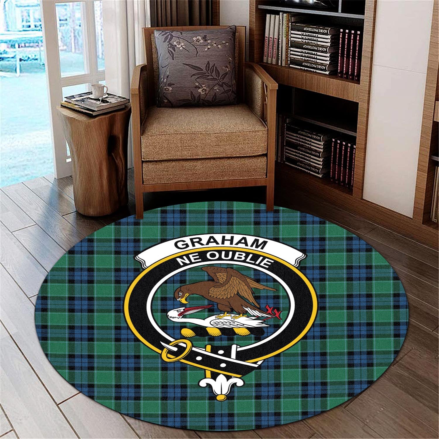 graham-of-menteith-ancient-tartan-round-rug-with-family-crest