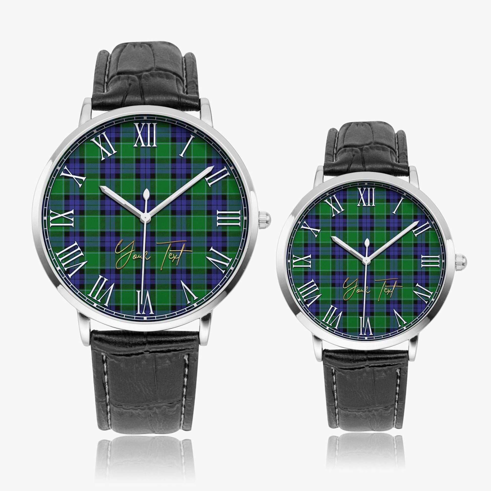 Graham of Menteith Modern Tartan Personalized Your Text Leather Trap Quartz Watch Ultra Thin Silver Case With Black Leather Strap - Tartanvibesclothing