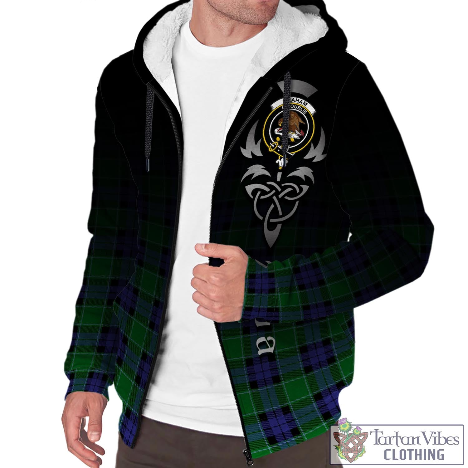 Tartan Vibes Clothing Graham of Menteith Modern Tartan Sherpa Hoodie Featuring Alba Gu Brath Family Crest Celtic Inspired