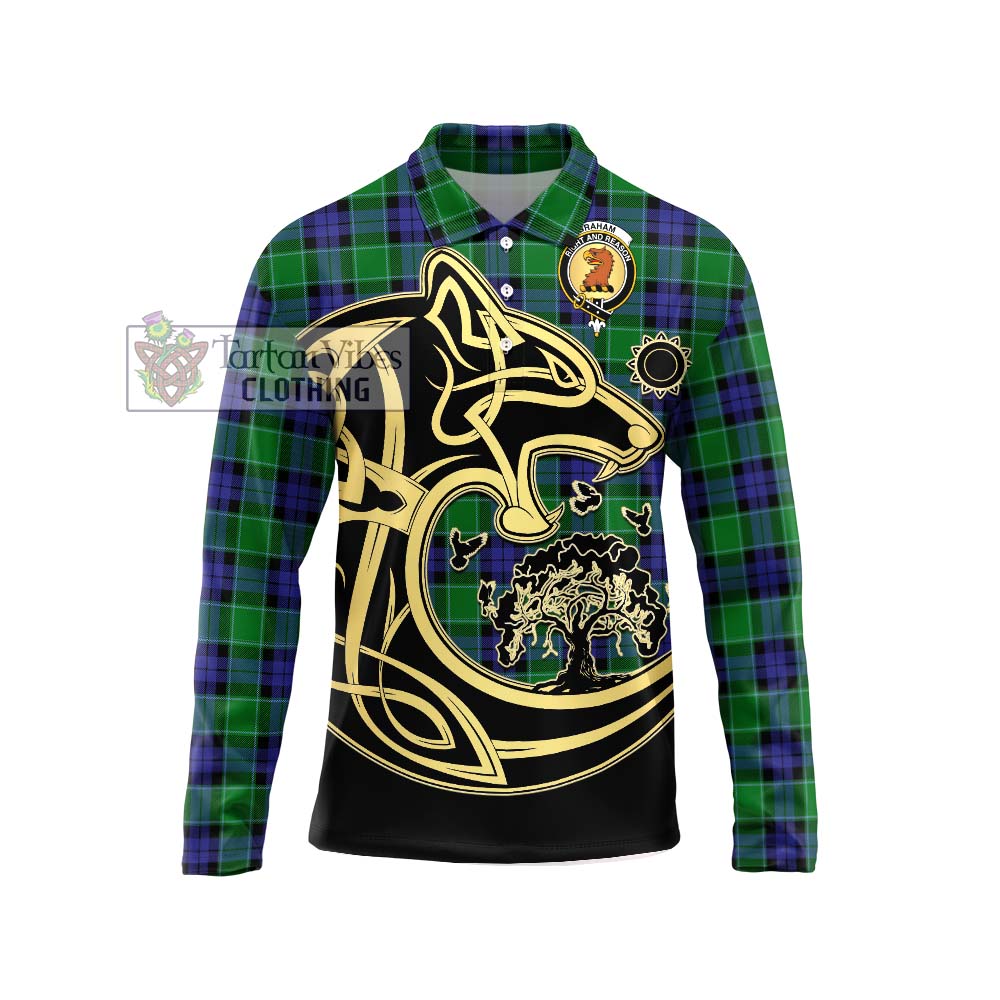 Graham of Menteith Modern Tartan Long Sleeve Polo Shirt with Family Crest Celtic Wolf Style Unisex - Tartanvibesclothing Shop