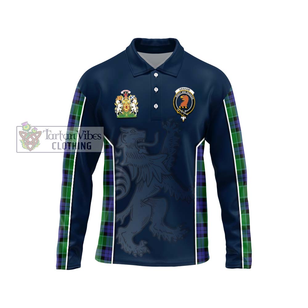 Graham of Menteith Modern Tartan Long Sleeve Polo Shirt with Family Crest and Lion Rampant Vibes Sport Style Unisex - Tartan Vibes Clothing