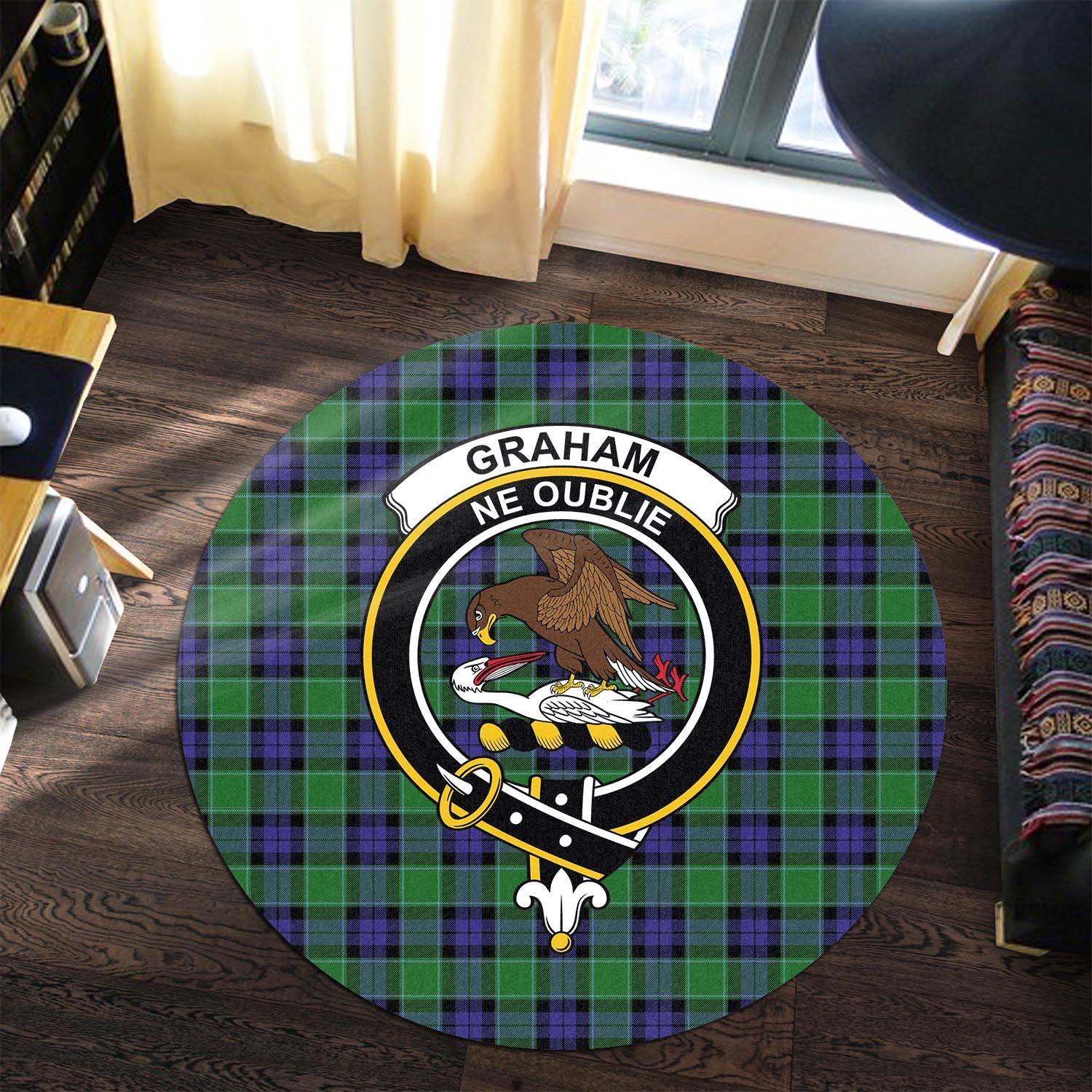 graham-of-menteith-modern-tartan-round-rug-with-family-crest