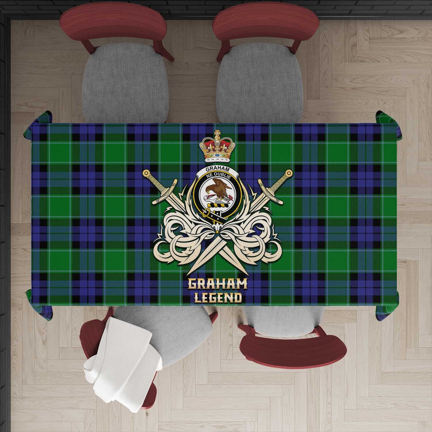 Tartan Vibes Clothing Graham of Menteith Modern Tartan Tablecloth with Clan Crest and the Golden Sword of Courageous Legacy