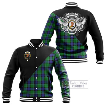 Graham of Menteith Modern Tartan Baseball Jacket with Family Crest and Military Logo Style