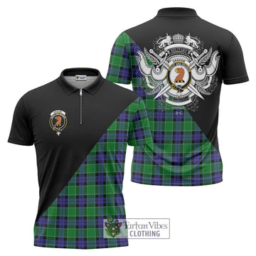 Graham of Menteith Modern Tartan Zipper Polo Shirt with Family Crest and Military Logo Style