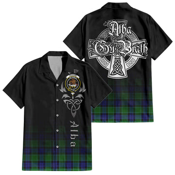 Graham of Menteith Modern Tartan Short Sleeve Button Up Shirt Featuring Alba Gu Brath Family Crest Celtic Inspired