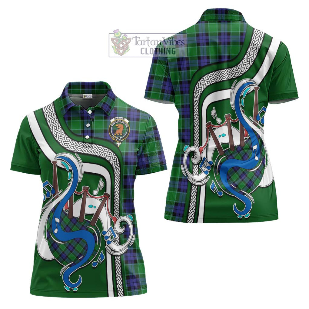 Graham of Menteith Modern Tartan Women's Polo Shirt with Epic Bagpipe Style Women - Tartanvibesclothing Shop