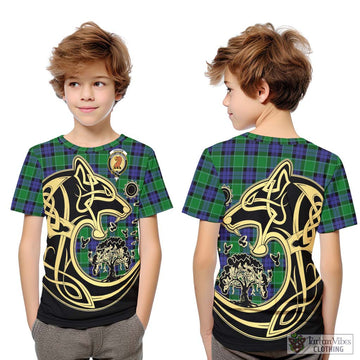 Graham of Menteith Modern Tartan Kid T-Shirt with Family Crest Celtic Wolf Style