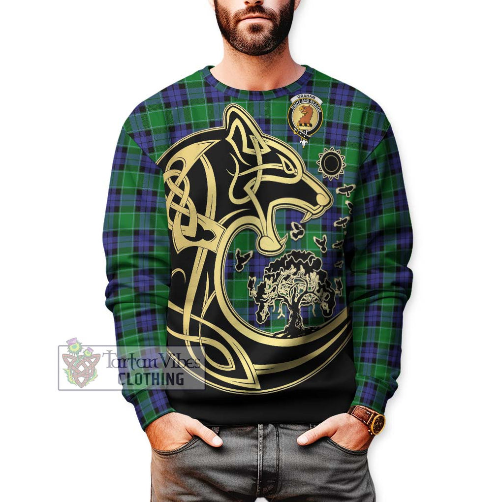 Graham of Menteith Modern Tartan Sweatshirt with Family Crest Celtic Wolf Style Unisex - Tartan Vibes Clothing