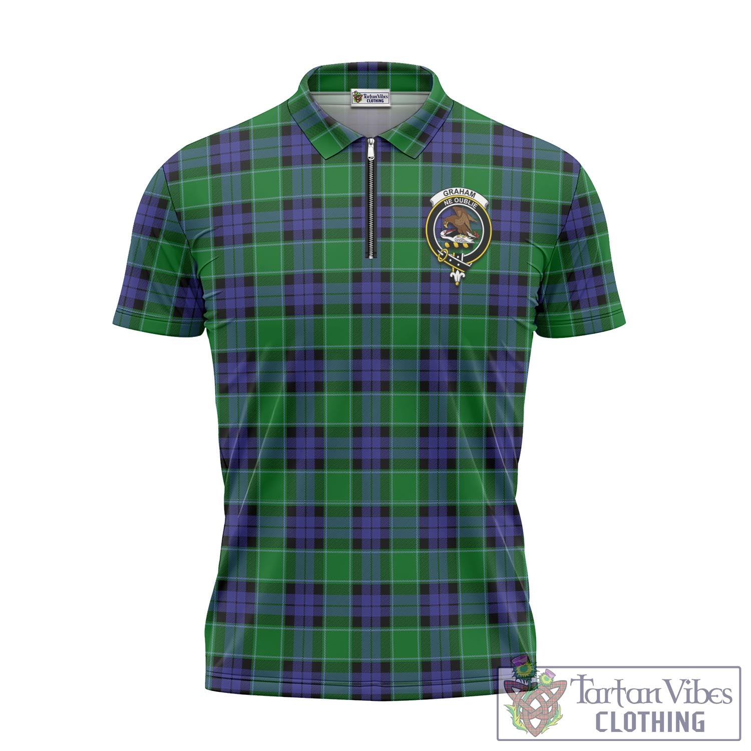 Tartan Vibes Clothing Graham of Menteith Modern Tartan Zipper Polo Shirt with Family Crest