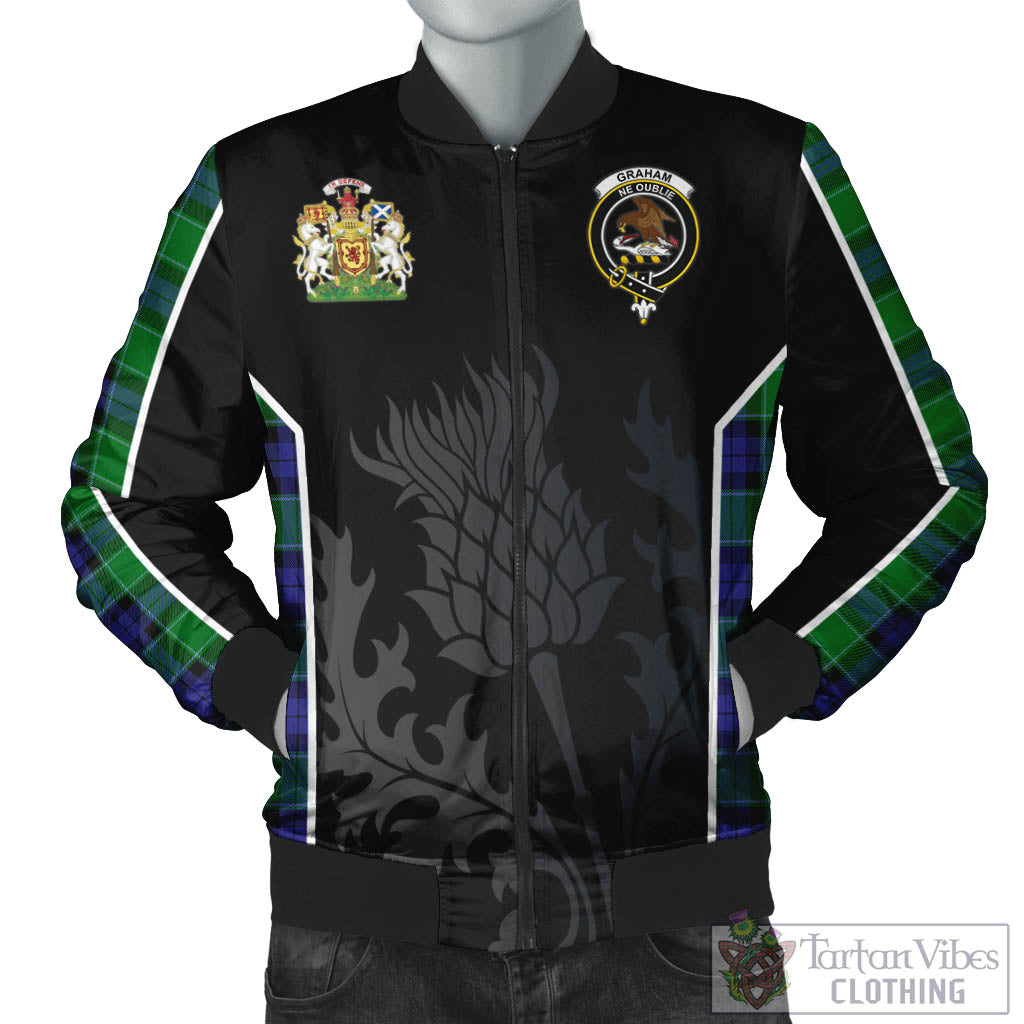 Tartan Vibes Clothing Graham of Menteith Modern Tartan Bomber Jacket with Family Crest and Scottish Thistle Vibes Sport Style