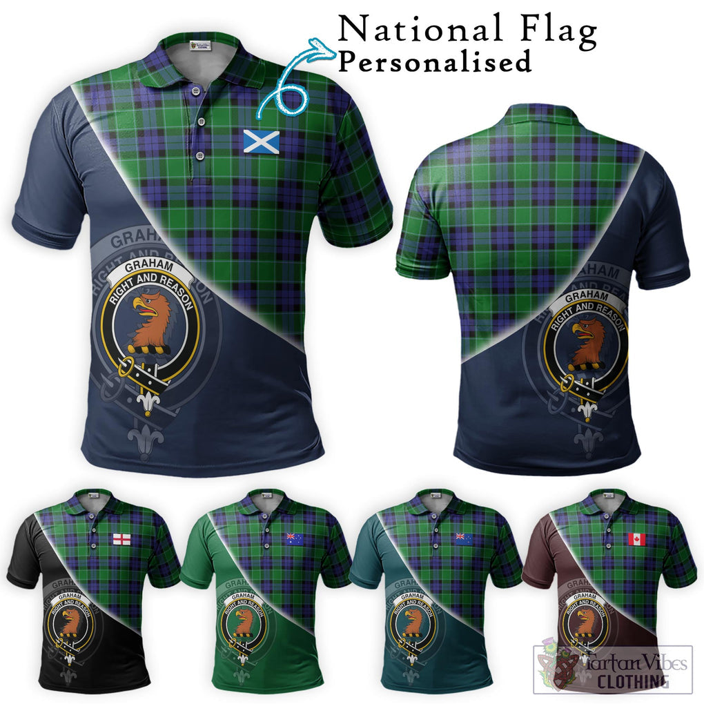 Graham of Menteith Modern Tartan Polo Shirt with Personalised National Flag and Family Crest Half Style Maroon - Tartanvibesclothing Shop