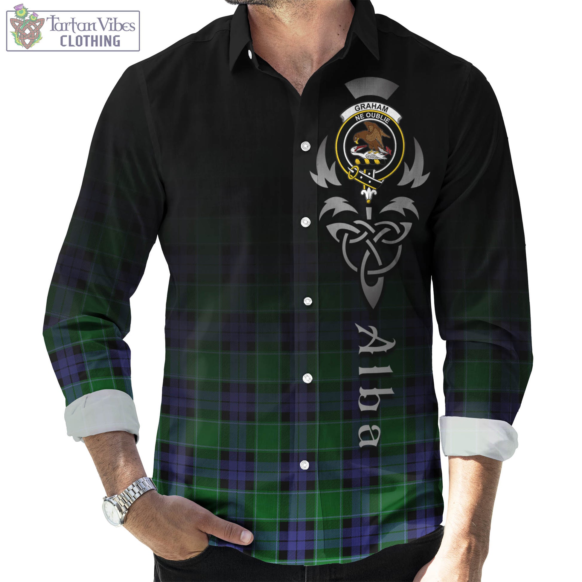 Tartan Vibes Clothing Graham of Menteith Modern Tartan Long Sleeve Button Up Featuring Alba Gu Brath Family Crest Celtic Inspired