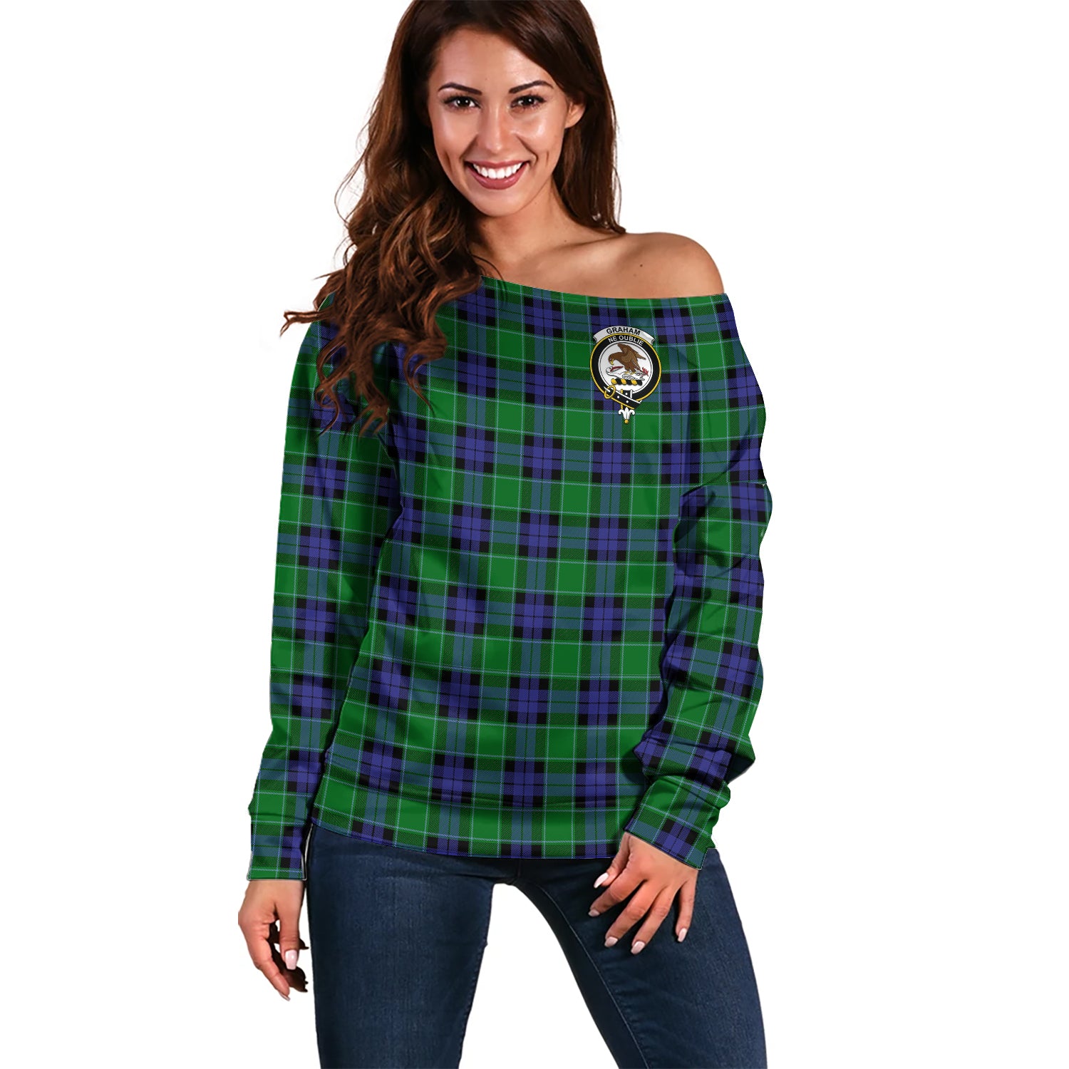 Graham of Menteith Modern Tartan Off Shoulder Women Sweater with Family Crest Women - Tartanvibesclothing