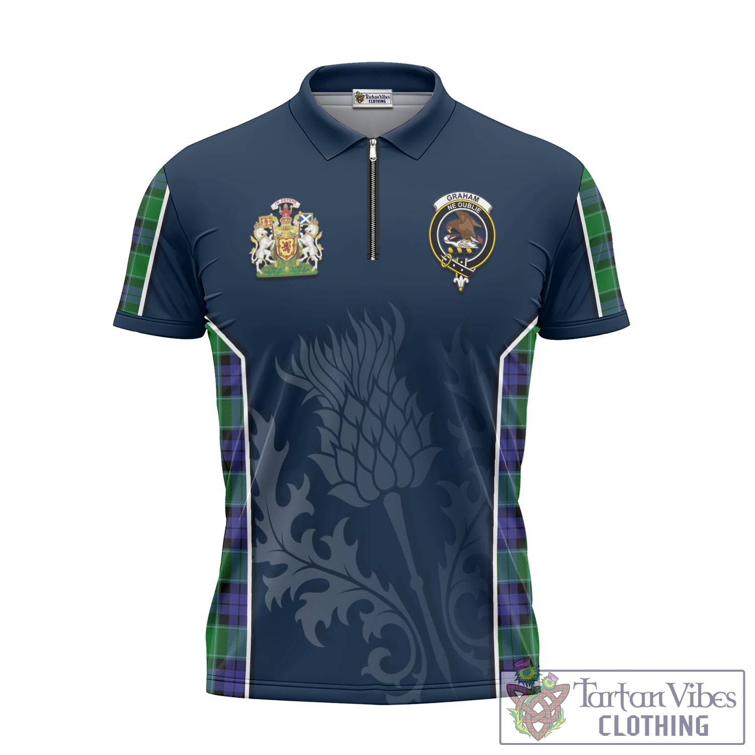 Tartan Vibes Clothing Graham of Menteith Modern Tartan Zipper Polo Shirt with Family Crest and Scottish Thistle Vibes Sport Style