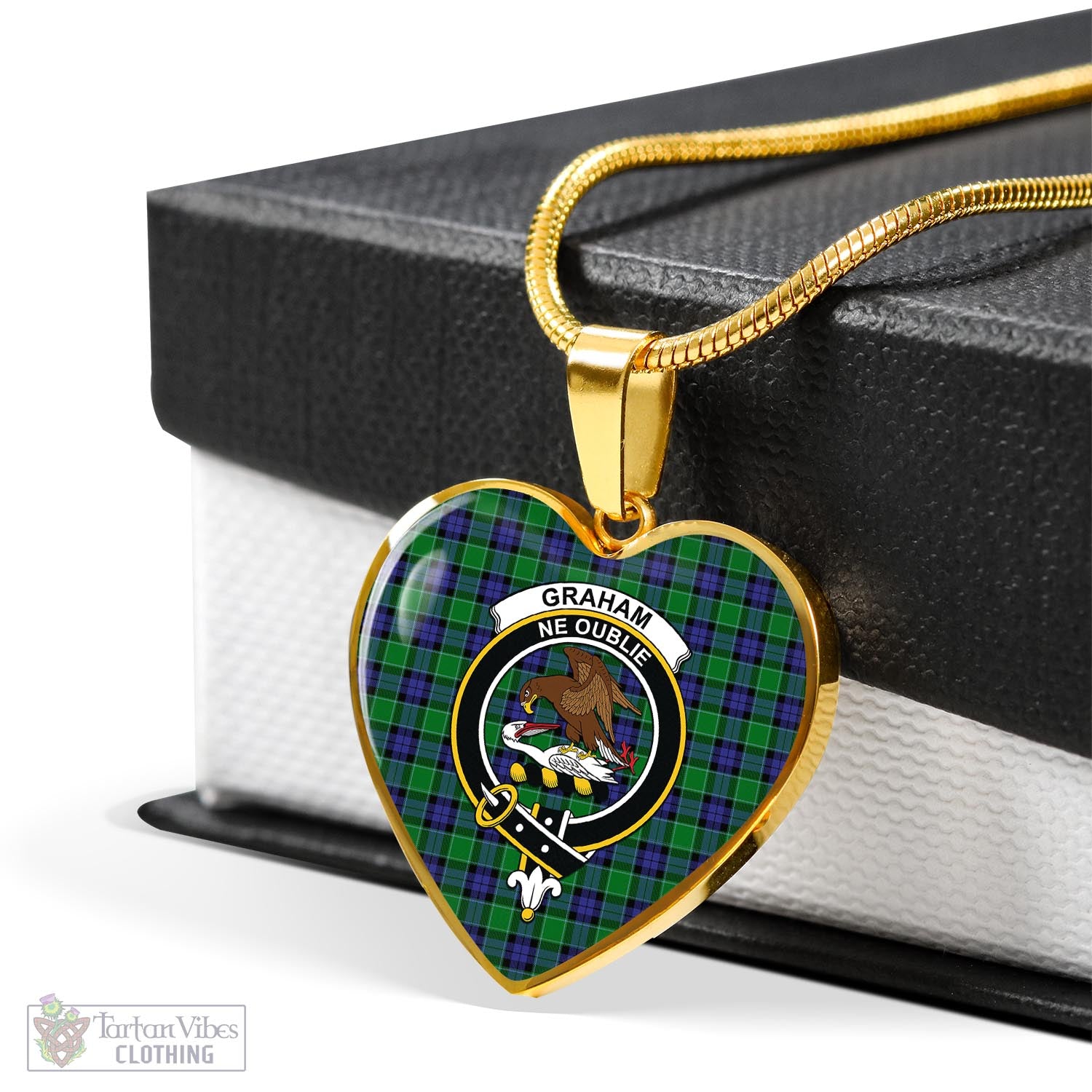 Tartan Vibes Clothing Graham of Menteith Modern Tartan Heart Necklace with Family Crest