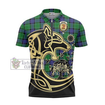 Graham of Menteith Modern Tartan Zipper Polo Shirt with Family Crest Celtic Wolf Style