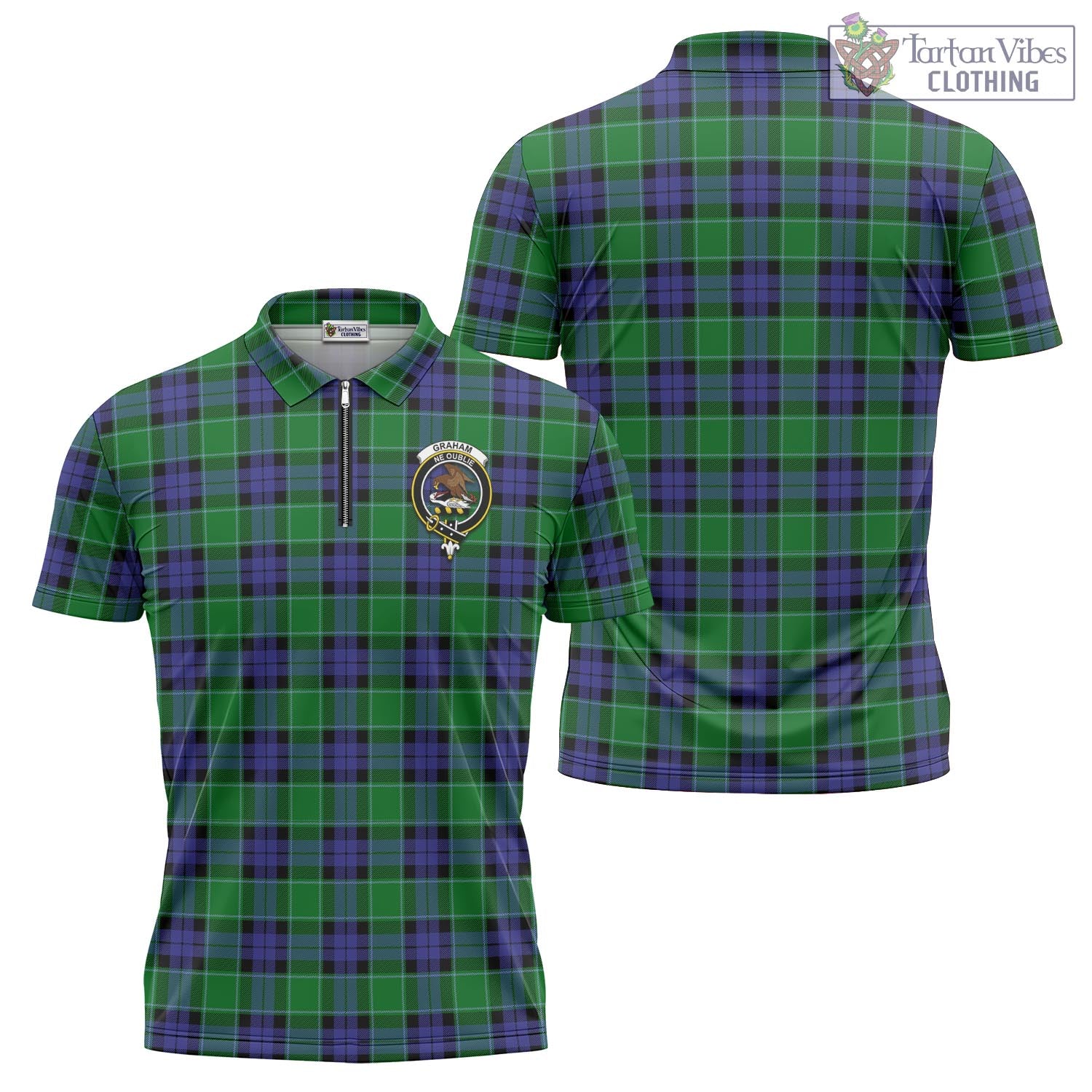 Tartan Vibes Clothing Graham of Menteith Modern Tartan Zipper Polo Shirt with Family Crest