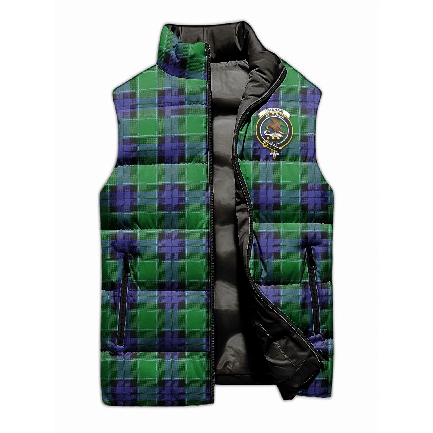 Graham of Menteith Modern Tartan Sleeveless Puffer Jacket with Family Crest - Tartanvibesclothing