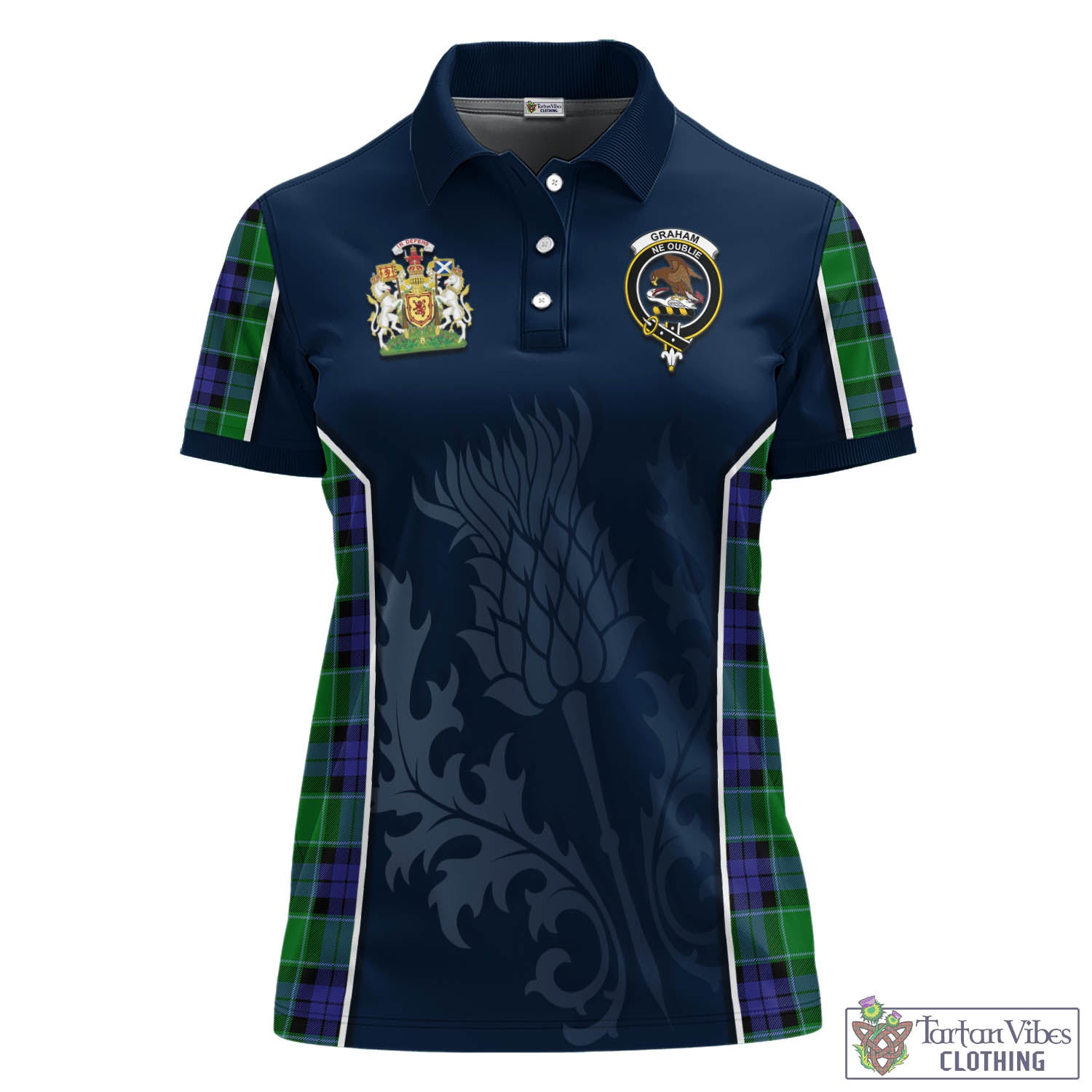 Tartan Vibes Clothing Graham of Menteith Modern Tartan Women's Polo Shirt with Family Crest and Scottish Thistle Vibes Sport Style