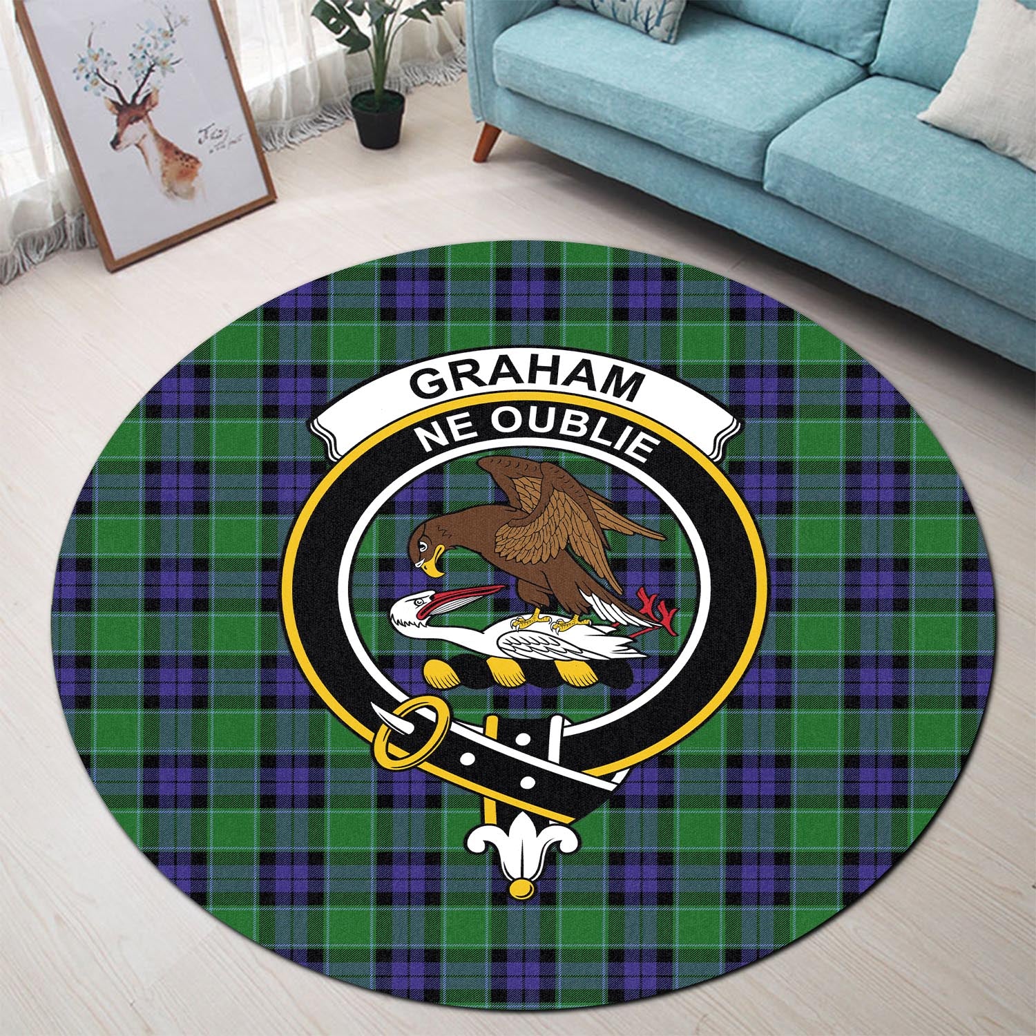 graham-of-menteith-modern-tartan-round-rug-with-family-crest