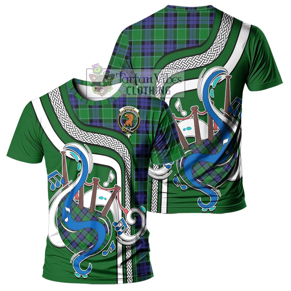 Graham of Menteith Modern Tartan T-Shirt with Epic Bagpipe Style - Tartanvibesclothing Shop