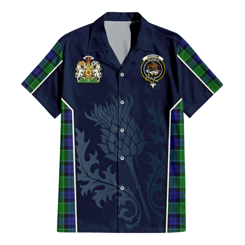 Tartan Vibes Clothing Graham of Menteith Modern Tartan Short Sleeve Button Up Shirt with Family Crest and Scottish Thistle Vibes Sport Style