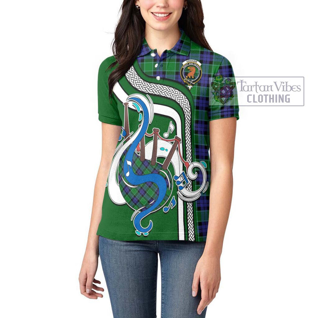 Graham of Menteith Modern Tartan Women's Polo Shirt with Epic Bagpipe Style - Tartanvibesclothing Shop