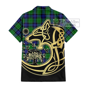 Graham of Menteith Modern Tartan Short Sleeve Button Shirt with Family Crest Celtic Wolf Style