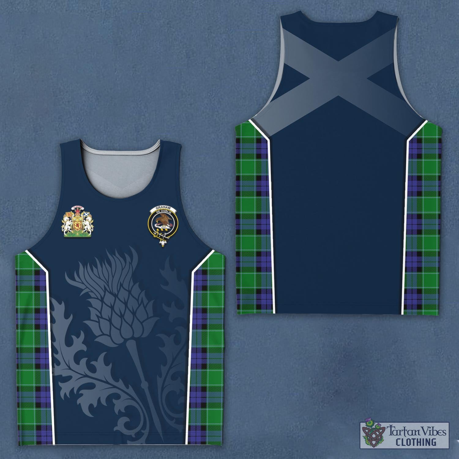 Tartan Vibes Clothing Graham of Menteith Modern Tartan Men's Tanks Top with Family Crest and Scottish Thistle Vibes Sport Style